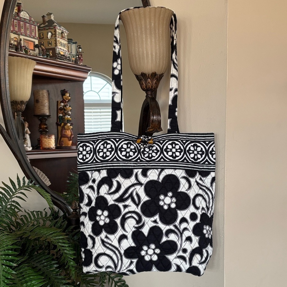Vera Bradley Night & Day Quilted Cotton Toggle Tote Bag Black & White Floral